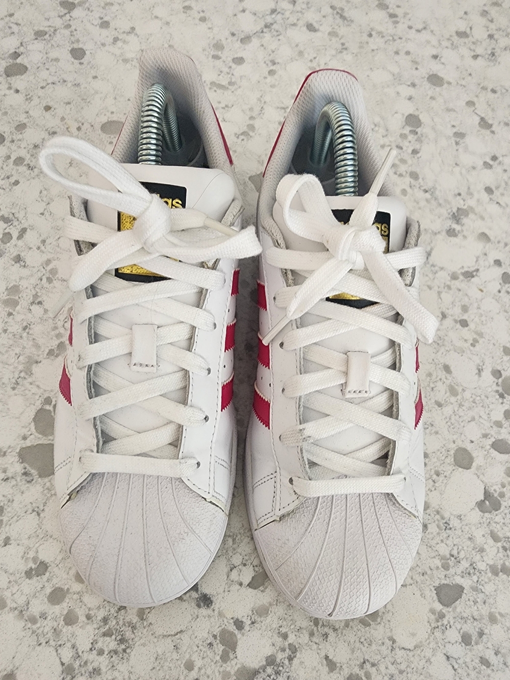Adidas White Sneakers with Dark Pink Stripes